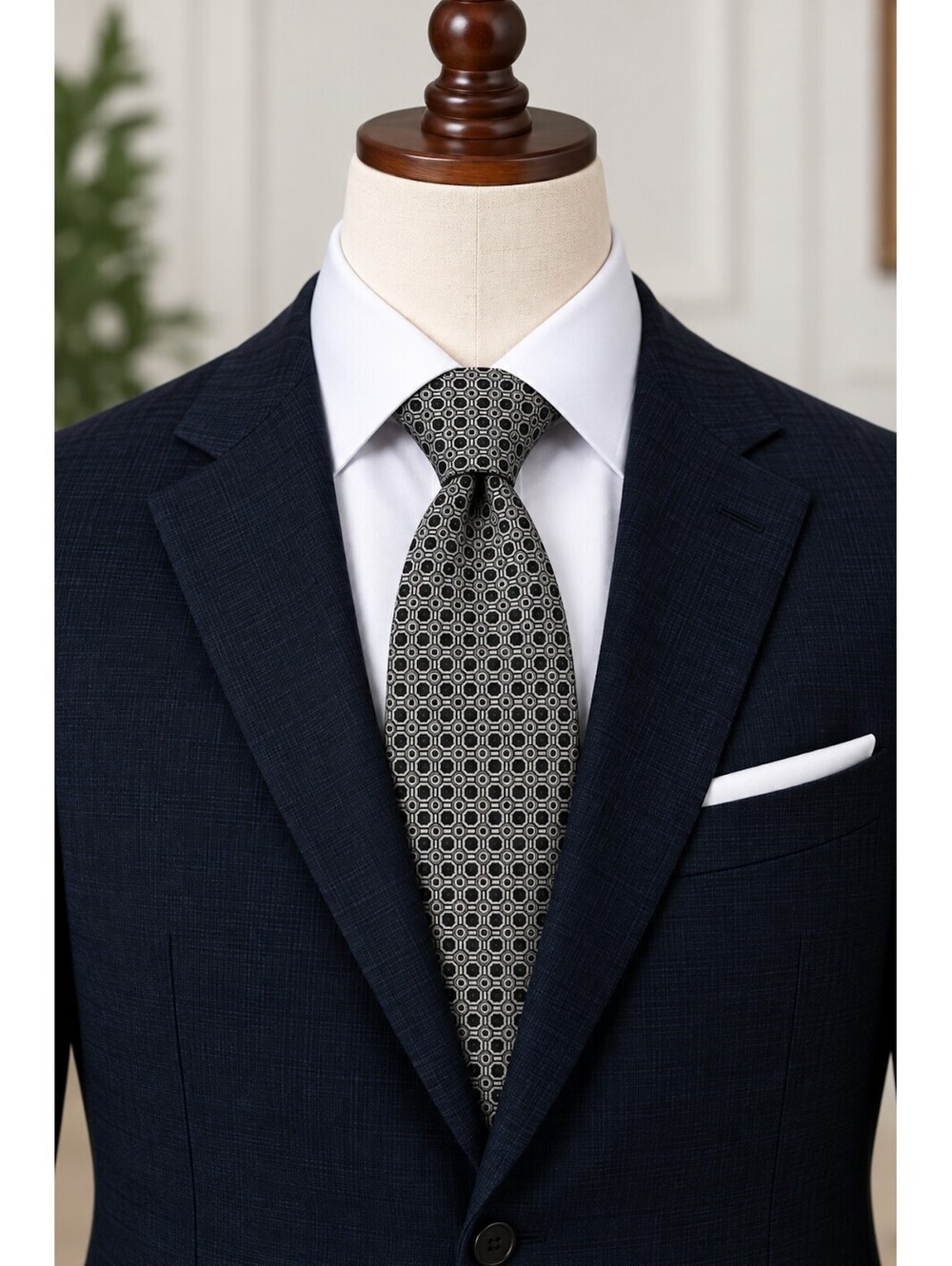 Joseph & Feiss International Men's Black and White Geometric Silk Tie - Ex-Long